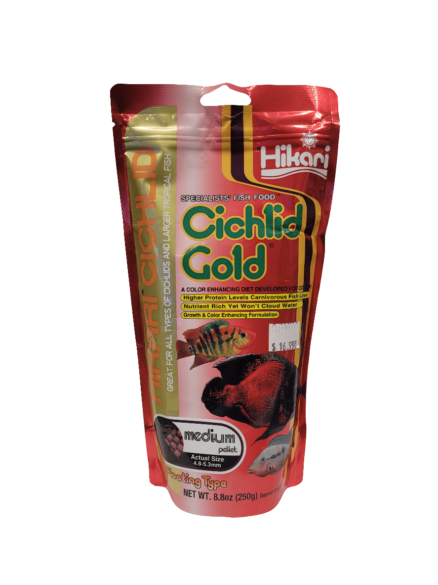 A package of Hikari - Cichlid Gold in medium floating pellets, featuring a color-enhancing diet for fish, comes in an 8.8 oz (250g) size and is priced at $16.99. The packaging showcases a striking red and gold design.