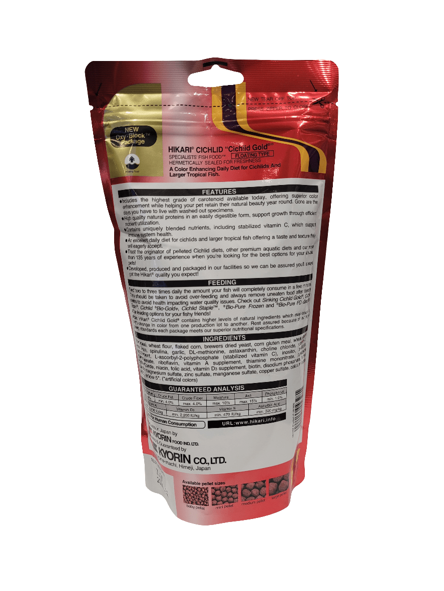 The image displays the back of a package of Hikari - Cichlid Gold - Medium Floating - 8.8oz fish food. The packaging includes features, feeding instructions, ingredients, and a guaranteed analysis. It is primarily red with white text and logos.