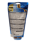 The image displays the reverse side of a 12oz. Hikari Cichlid Gold Medium Sinking fish food package, which is blue with a transparent section showcasing the pellets within. Text on the packaging highlights features, ingredients, and product information.