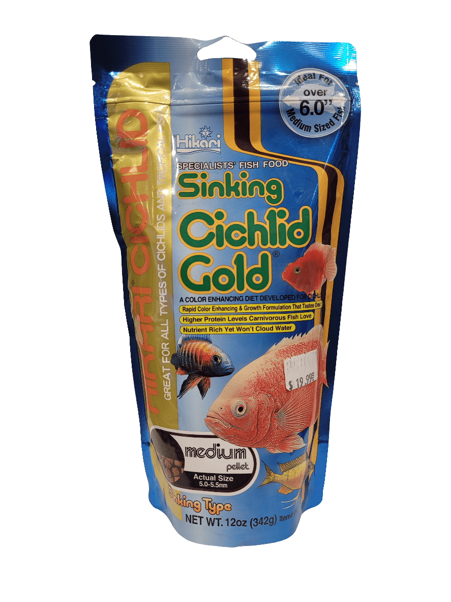 A package of Hikari - Cichlid Gold - Medium Sinking - 12oz. fish food. The blue and gold packaging showcases images of fish, highlights its color-enhancing properties, and specifies a net weight of 12 oz (342 g). It is suitable for medium pellet fish and costs $19.99.