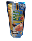 A package of Hikari - Cichlid Gold - Medium Sinking - 12oz. fish food. The blue and gold packaging showcases images of fish, highlights its color-enhancing properties, and specifies a net weight of 12 oz (342 g). It is suitable for medium pellet fish and costs $19.99.