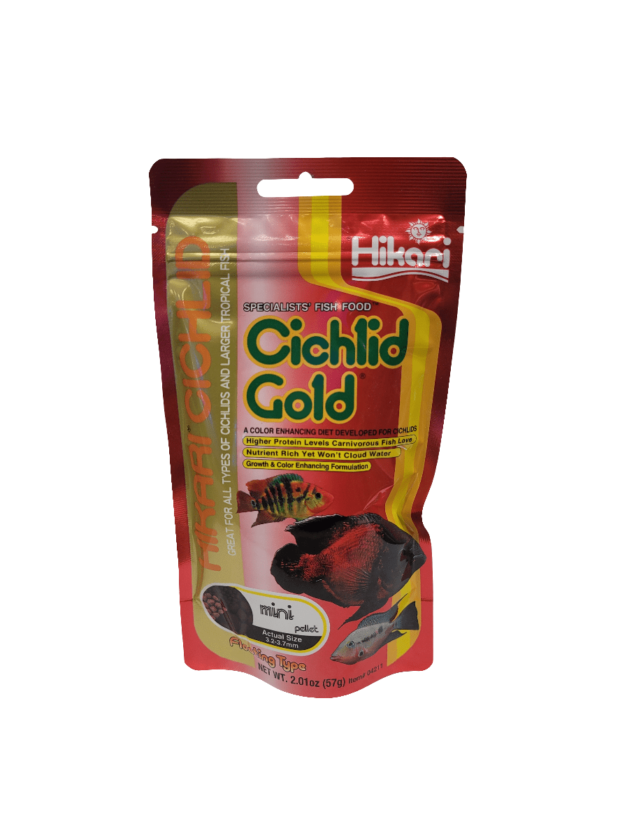 A red and yellow package of Hikari Cichlid Gold fish food showcases advantages for cichlids and other tropical fish. It includes mini pellets and emphasizes color enhancement, containing 2.01 oz of food.