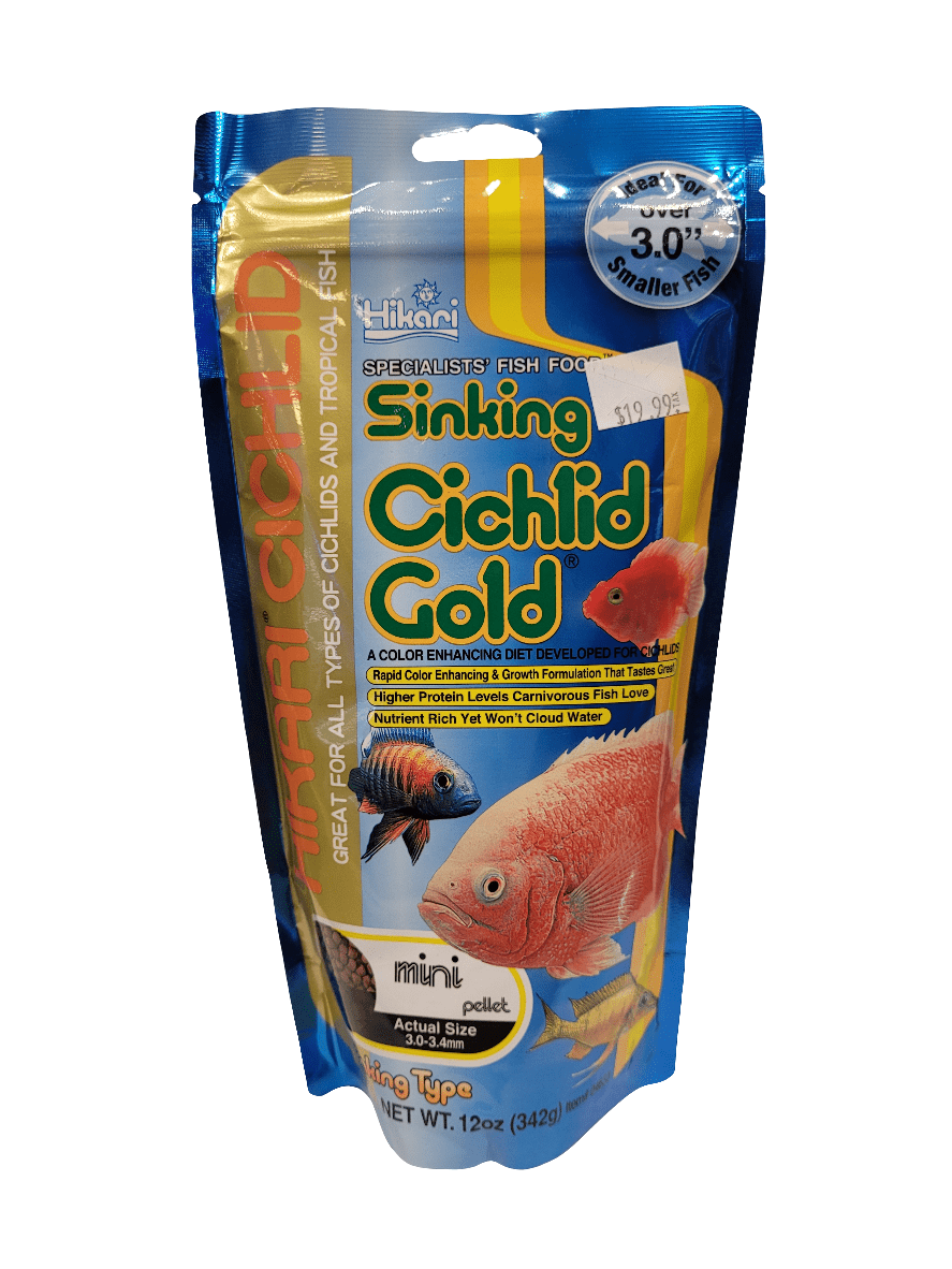 A 12 oz (342g) package of Hikari Cichlid Gold Mini Sinking fish food, in blue and gold packaging adorned with fish images and labeled as a color-enhancing diet for cichlids and tropical fish, priced at $19.99.