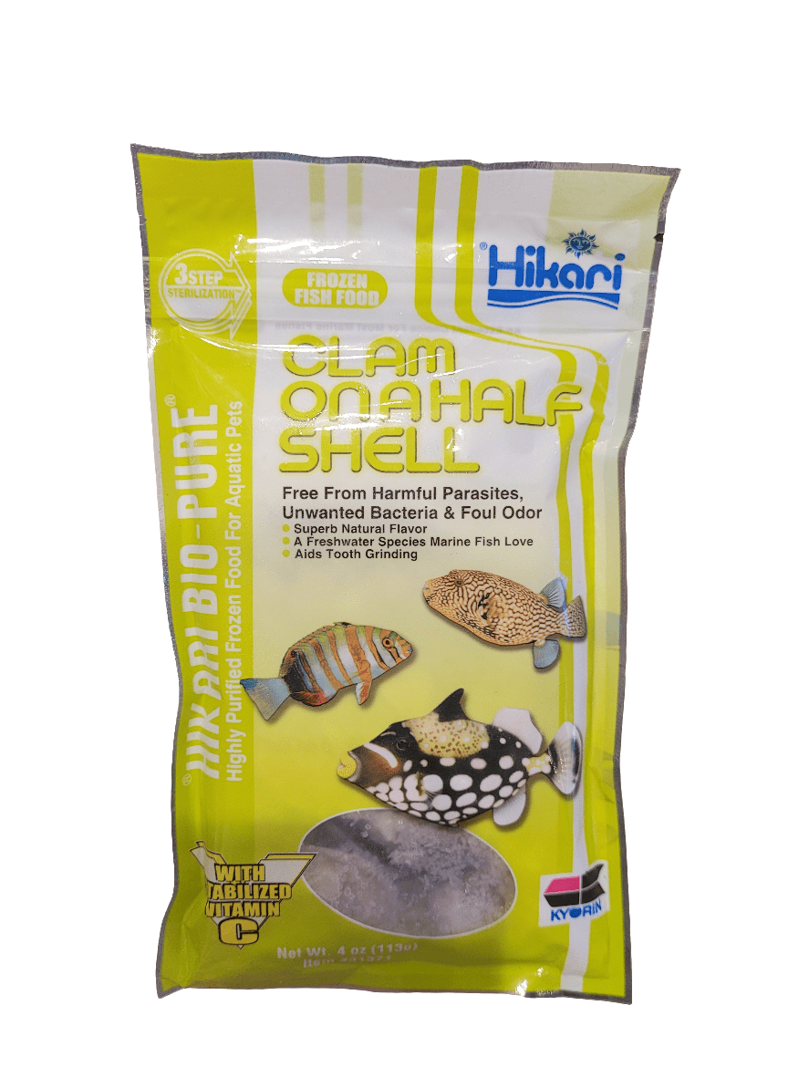 A package of Hikari - Clam on a Half Shell - 4oz frozen fish food, showcasing a design with images of fish and a clam, emphasizes its benefits such as being free from harmful parasites and containing essential vitamins.