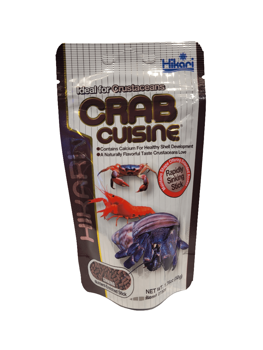 The Hikari Crab Cuisine package, featuring images of crabs, promotes healthy shell development with its rapidly sinking sticks and comes in a net weight of 1.76 oz (50g).