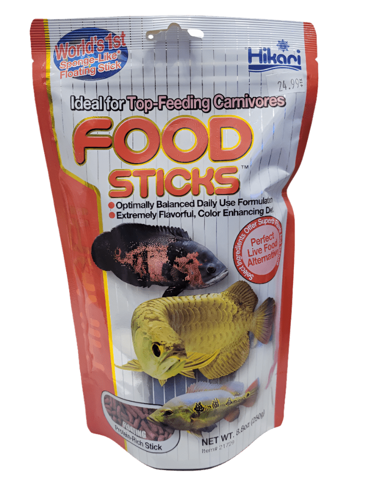 A package of Hikari Food Sticks for carnivorous fish, featuring a balanced formula, sponge-like texture, and color enhancement. The packaging is adorned with imagery of fish and is priced at $24.99. This specific product is the 250g floating variant from Hikari.