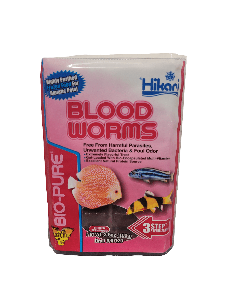 Image of a package of Hikari - Frozen Bloodworm Cubes - 3.5oz, aquatic pet food. The packaging highlights its purification process, nutrient content, and suitability for fish. It features images of fish and emphasizes being free from harmful parasites and odors.