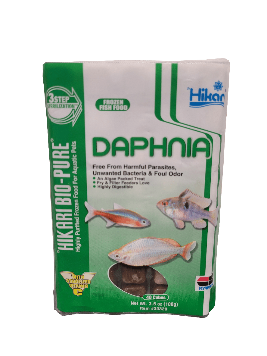 The packaging of Hikari - Frozen Daphnia Cubes - 3.5oz showcases images of fish on the front, emphasizes a 3-step sterilization process, and highlights features such as being free from parasites and bacteria. It contains 48 cubes with a net weight of 3.5 oz (100g).