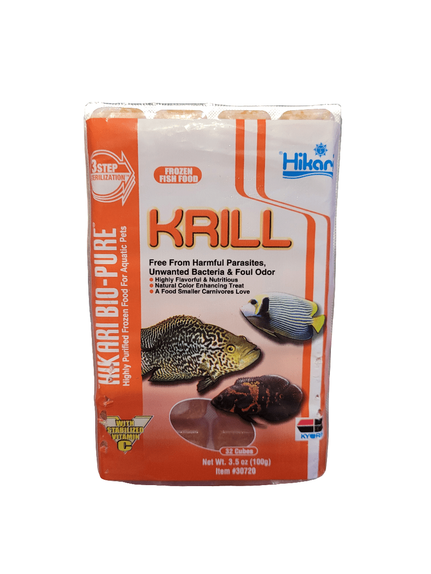 A package of Hikari - Frozen Krill - 3.5oz emphasizes benefits like being free from harmful parasites and bacteria.