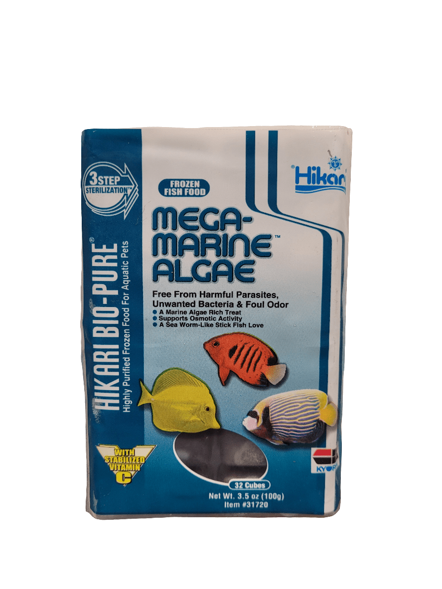 Package of Hikari - Frozen Mega Marine Algae Cubes. The front features illustrations of vibrant fish and notes that it is free from harmful parasites and bacteria, enriched with multivitamins, and contains 32 cubes, weighing 3.5 oz (100g).