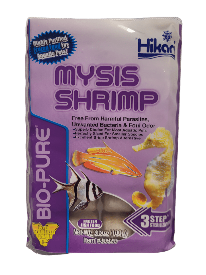 Hikari's Frozen Mysis Shrimp Cubes, labeled as highly purified and an excellent choice for aquatic pets, feature fish and shrimp illustrations on the packaging. The product contains 3.5 oz (100g) of shrimp processed through a 3-step sterilization process.