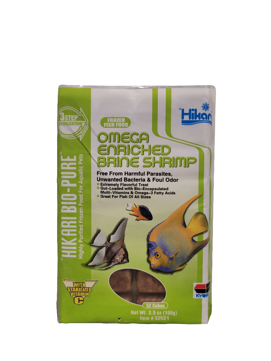 A package of Hikari Frozen Omega-Enriched Brine Shrimp Cubes, weighing 3.5 oz (100g). The packaging emphasizes benefits such as being free from parasites and bacteria, and high in fatty acids, featuring images of fish and key product attributes.