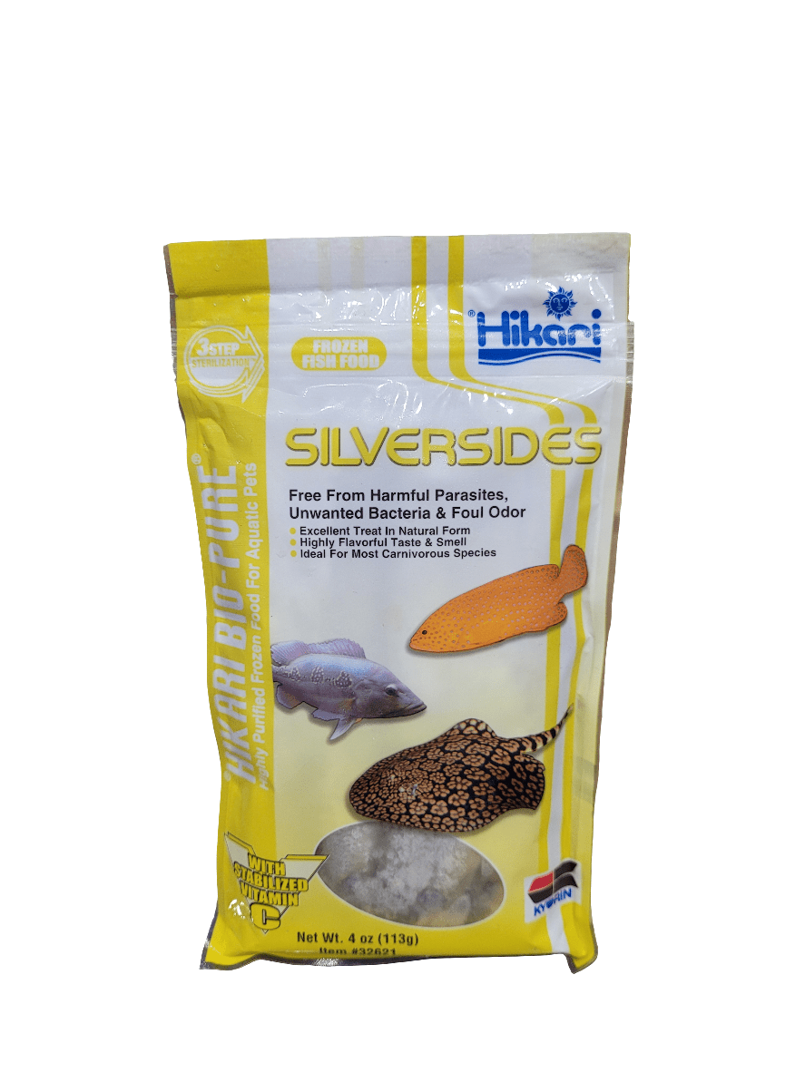 A package of Hikari - Frozen Silversides - 4oz showcases a yellow and white design featuring images of fish on the front. It emphasizes benefits like being free from harmful parasites and suitability for carnivorous species.
