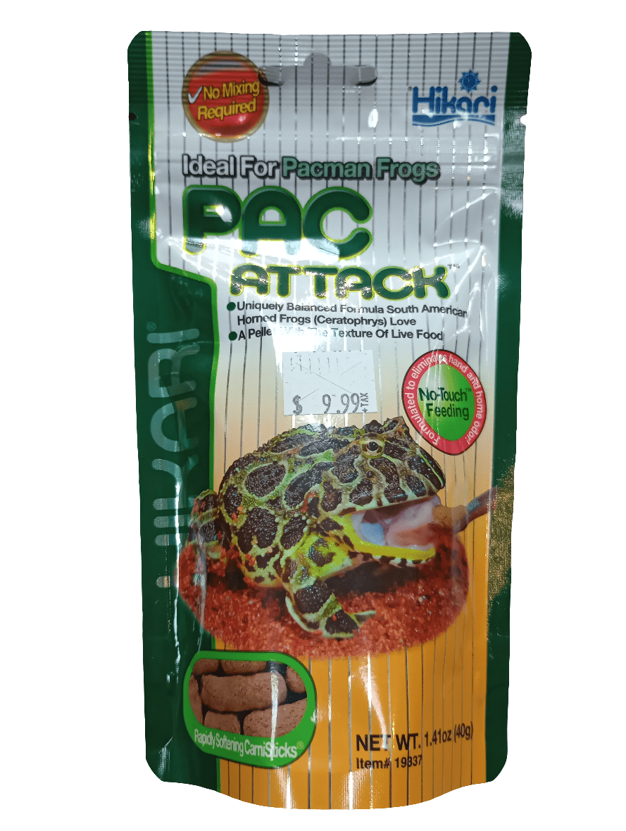 A package of Hikari Pac Attack!™ designed for Pacman frogs features an image of a frog alongside food pellets on the front. The packaging highlights "No Mixing Required" and "No-Touch Feeding." It is priced at $9.99 and has a net weight of 1.41 oz (40g).