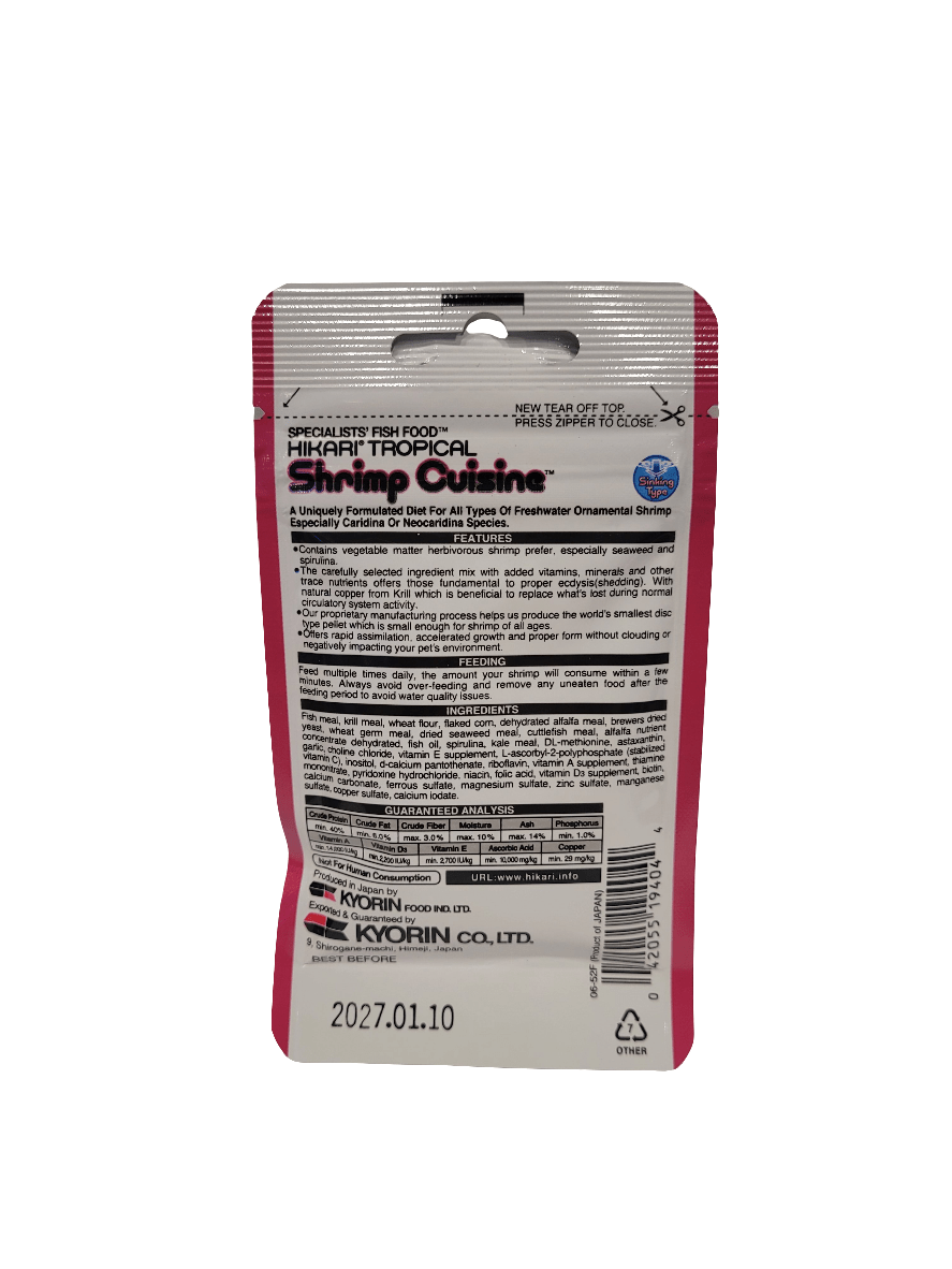 A package of Hikari - Shrimp Cuisine - Sinking - .35oz fish food. The back of the package includes detailed product information, a list of ingredients, and a barcode. The expiration date, 2027.01.10, is located at the bottom.