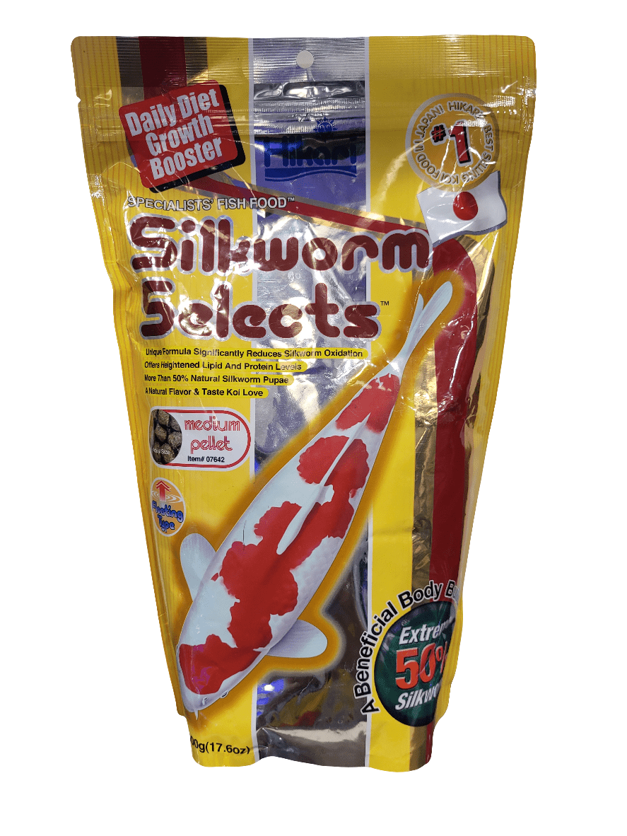 A package of Hikari - Silkworm Selects - Floating Medium - 500g fish food features a vibrant koi fish illustration on the front, emphasizing its benefits as a daily diet growth booster, enhanced color enhancer, and specifically tailored nutritional elements for koi fish.