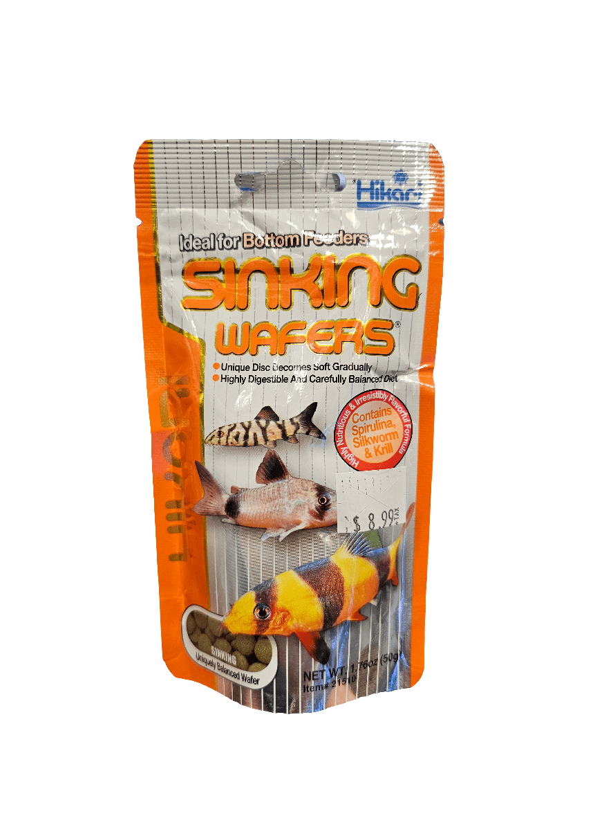 The Hikari - Sinking Wafers - 1.76oz is ideal for bottom-feeding fish, providing a highly digestible and balanced diet enriched with spirulina, silkworm, and krill. The packaging features images of fish along with its nutritional benefits prominently displayed. At $8.99, it remains a popular choice for promoting aquatic health.