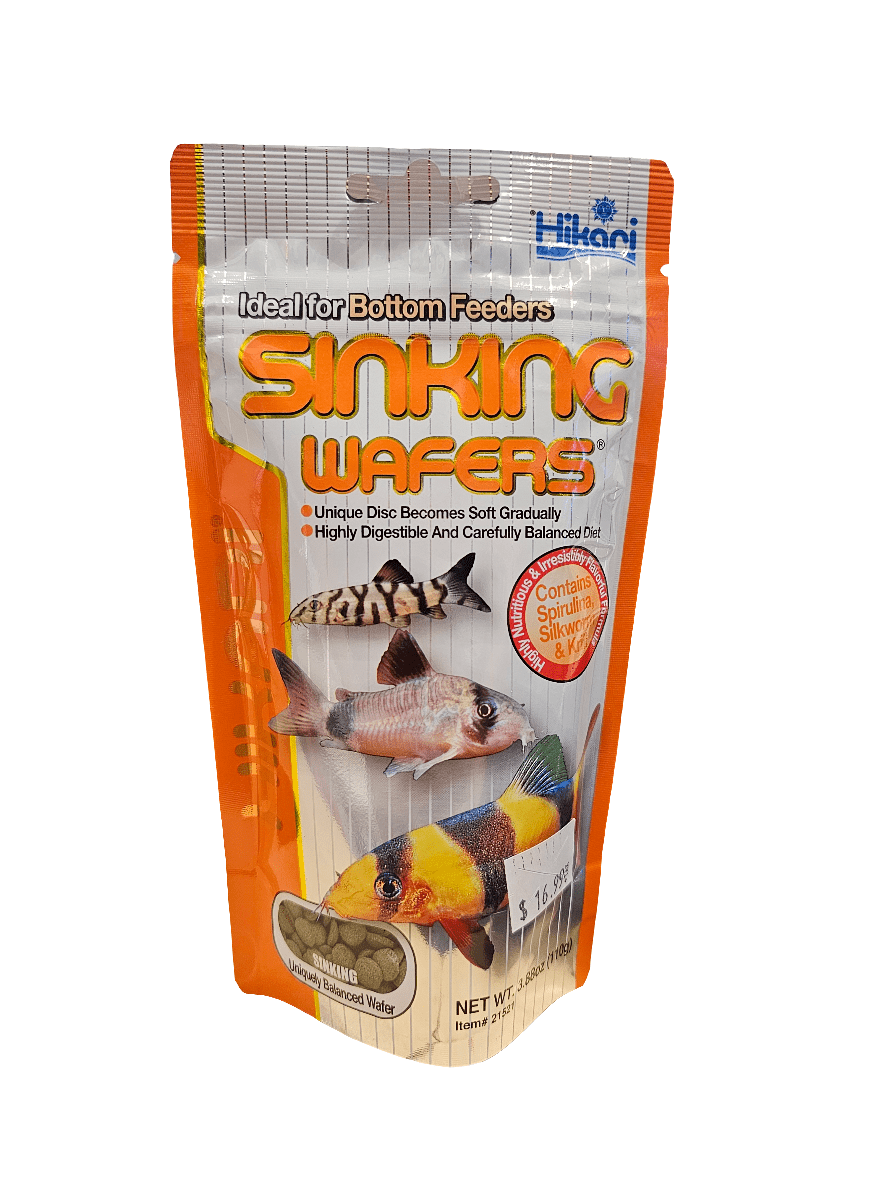 A package of Hikari - Sinking Wafers (3.88 oz), designed for bottom feeders. The orange and white packaging showcases images of fish and highlights the inclusion of Spirulina and silkworm content.