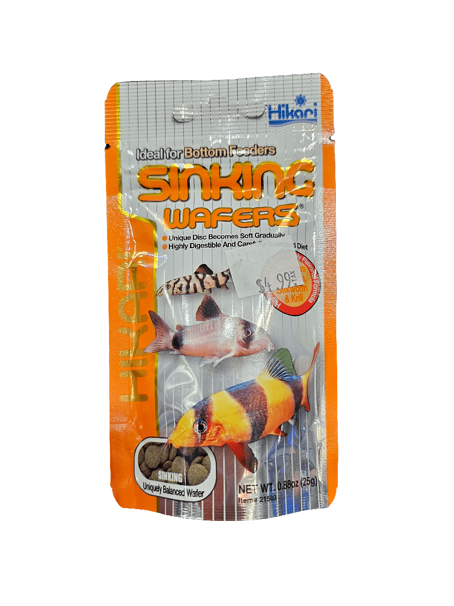 Image of the Hikari - Sinking Wafers - .88oz fish food packet. The packaging is orange and white and displays images of tropical fish. It emphasizes nutritional benefits such as being highly digestible and balanced, with a net weight of 0.88 oz (25 g).