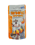 Image of the Hikari - Sinking Wafers - .88oz fish food packet. The packaging is orange and white and displays images of tropical fish. It emphasizes nutritional benefits such as being highly digestible and balanced, with a net weight of 0.88 oz (25 g).