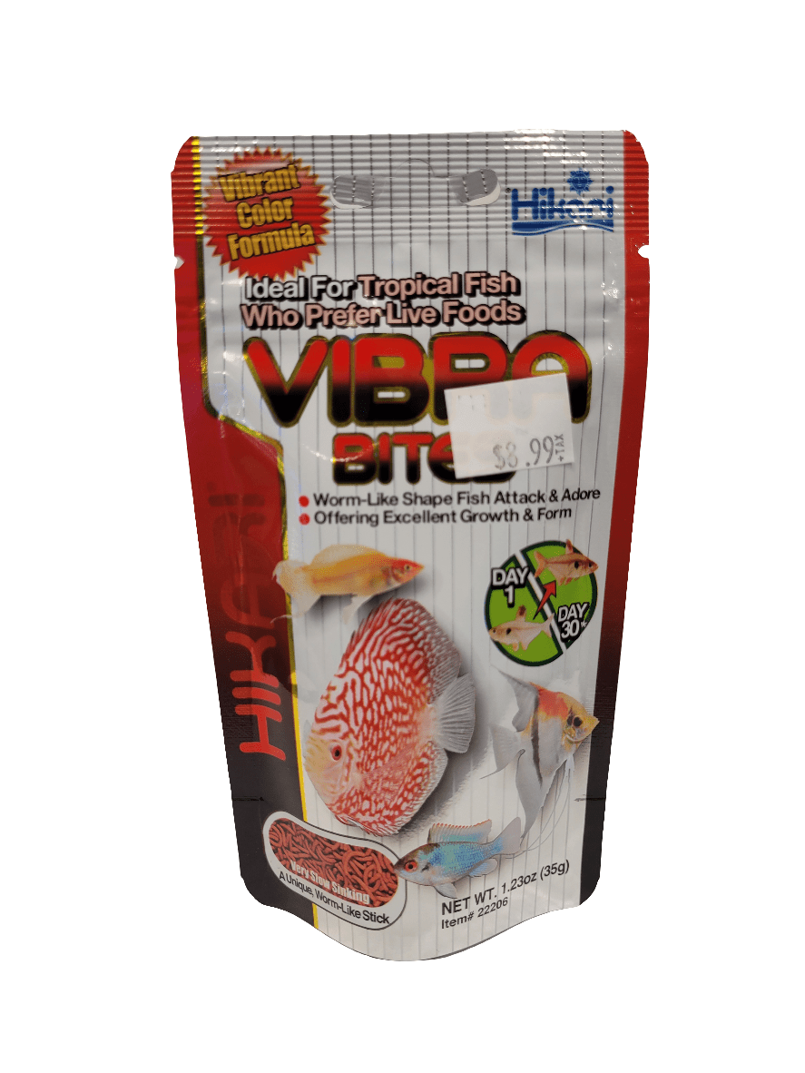 The Hikari Vibra Bites 1.23oz package of tropical fish food showcases a red and white fish image on the bag, highlights its benefits for color enhancement and excellent growth, and mentions that the bites have a worm-like shape.