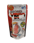 The Hikari Vibra Bites 1.23oz package of tropical fish food showcases a red and white fish image on the bag, highlights its benefits for color enhancement and excellent growth, and mentions that the bites have a worm-like shape.