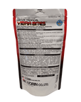 The image depicts the back of a Hikari Vibra Bites 1.23oz fish food package, which includes information on features, feeding instructions, ingredients, guaranteed analysis, and company details in English. The packaging color scheme includes predominantly red, white, and black tones.