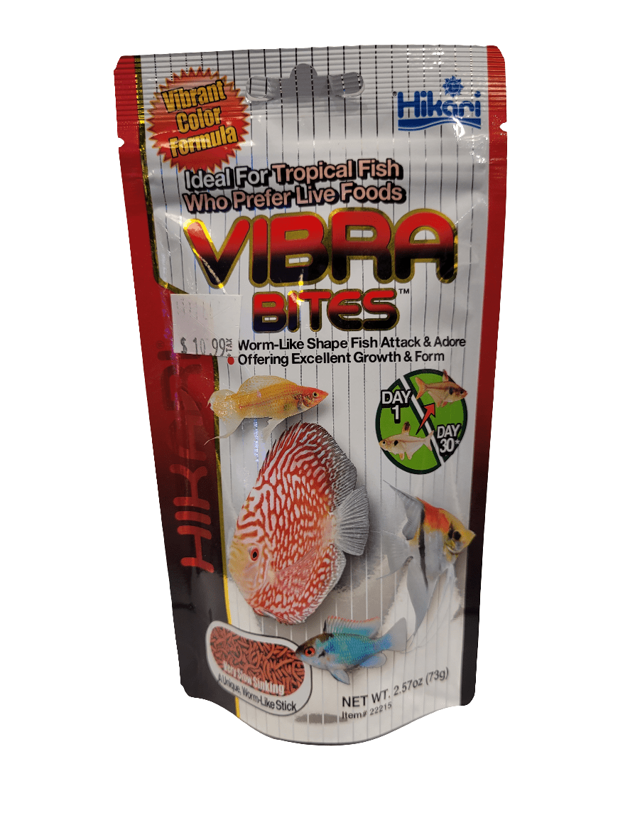 A package of Hikari Vibra Bites fish food, featuring a red and white fish image, is labeled with a vibrant color formula and is ideal for tropical fish. It weighs 2.57 oz (73g).