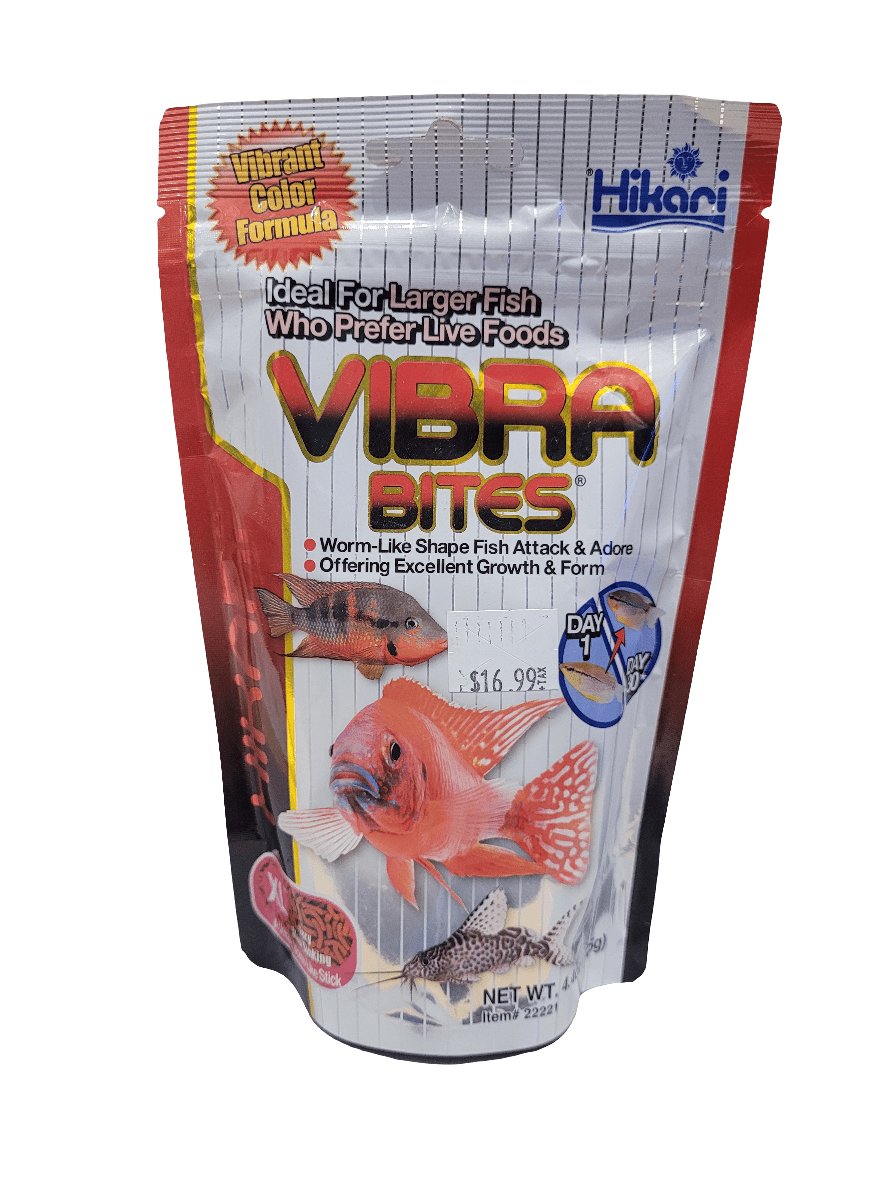 A package of Hikari - Vibra Bites - XL 4.4oz fish food, adorned with images of various fish and promotional text emphasizing its advantages for larger fish, features a red and white design and is priced at $16.99.