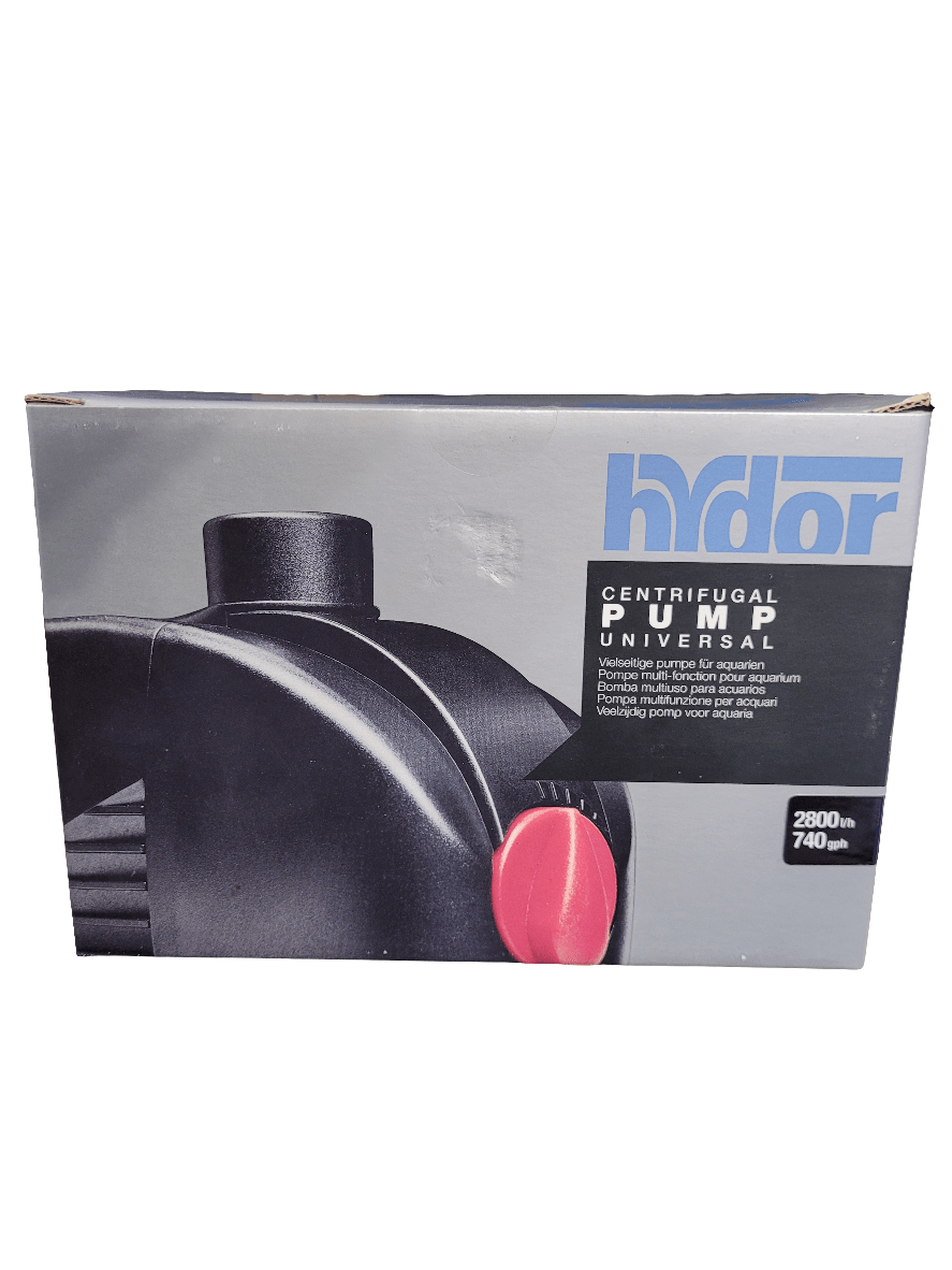 Box packaging of the Hydor - 740gph Centrifugal Pump, showcasing a black pump with a red knob on the front. The label indicates "Universal" with specifications of 2800 L/h and 740 gph, suitable for aquariums and ponds.