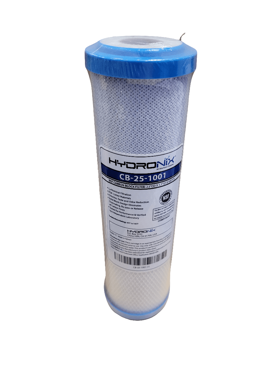 A cylindrical Hydronix - 1 Micron Carbon Block Cartridge featuring blue caps on both ends. The label displays the model CB-25-1001, accompanied by text and a QR code. The filter is white with a textured surface.