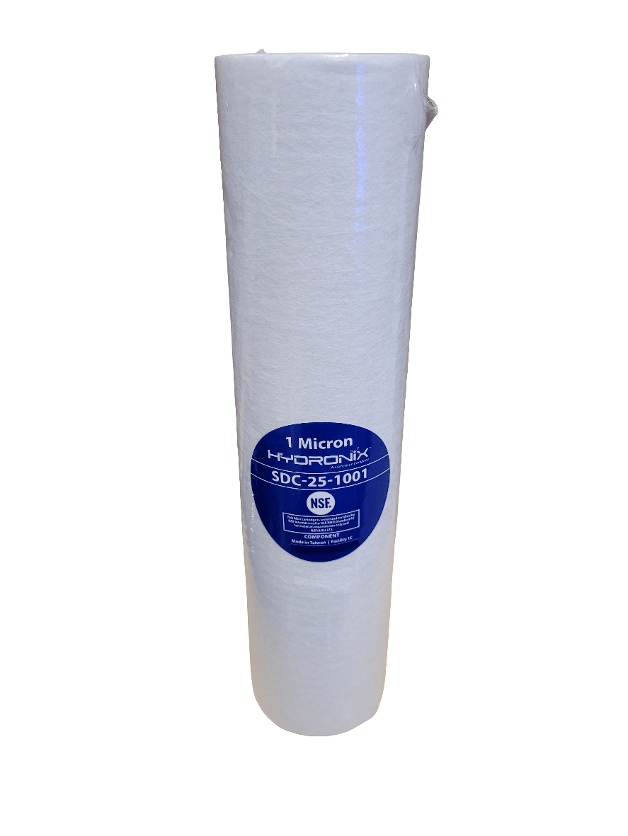 A white cylindrical filter labeled as the Hydronix - 1 Micron Sediment Filter Cartridge with a blue sticker displaying the NSF certification logo, shown standing upright against a plain background.