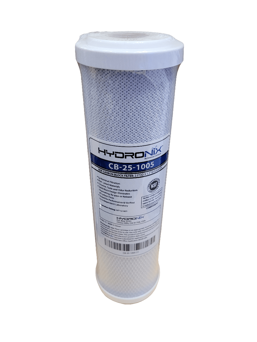 Hydronix - 5 Micron Carbon Block Cartridge, featuring a white cylindrical design and a label that displays product details, including certifications and specifications.