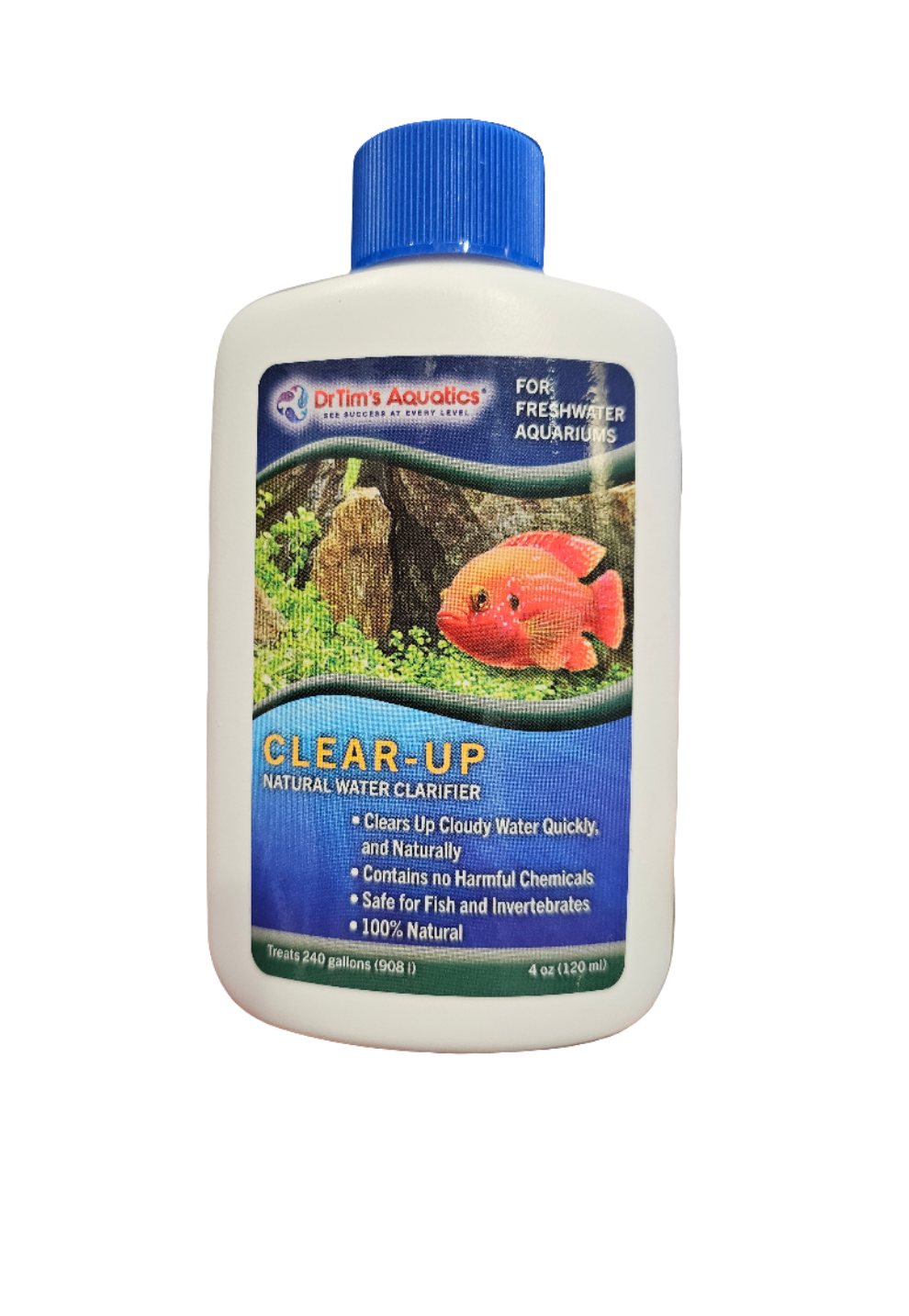 A bottle of Dr. Tim's Aquatics Clear Up for Freshwater features a label depicting an aquarium scene with a fish and plants. It is designed to clear cloudy water in freshwater aquariums, is safe for fish, and contains no harmful chemicals.