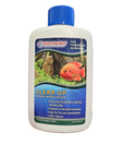 A bottle of Dr. Tim's Aquatics Clear Up for Freshwater features a label depicting an aquarium scene with a fish and plants. It is designed to clear cloudy water in freshwater aquariums, is safe for fish, and contains no harmful chemicals.