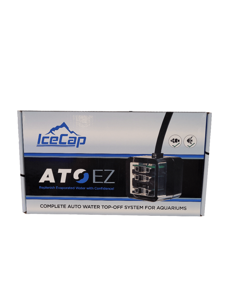 The image depicts a box for the IceCap - ATO EZ, an automatic water top-off system for aquariums, showcasing a product image alongside the slogan "Replenish Evaporated Water with Confidence!".