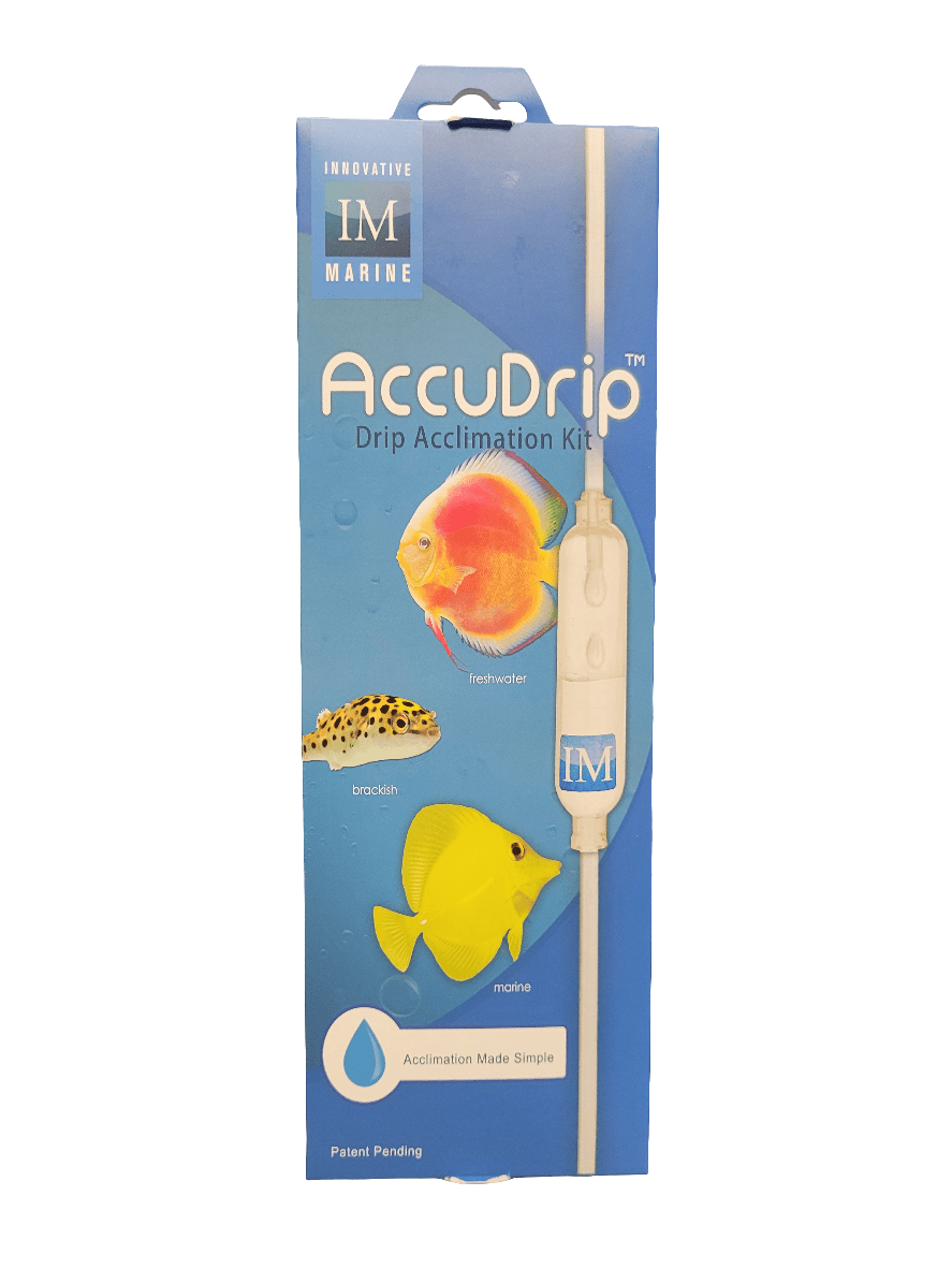 Image of the Innovative Marine - Accudrip Acclimation Kit packaging. It displays a blue box with illustrations of a freshwater fish, a brackish fish, and a marine fish. The phrase "Acclimation Made Simple" is accentuated with a water drop icon.