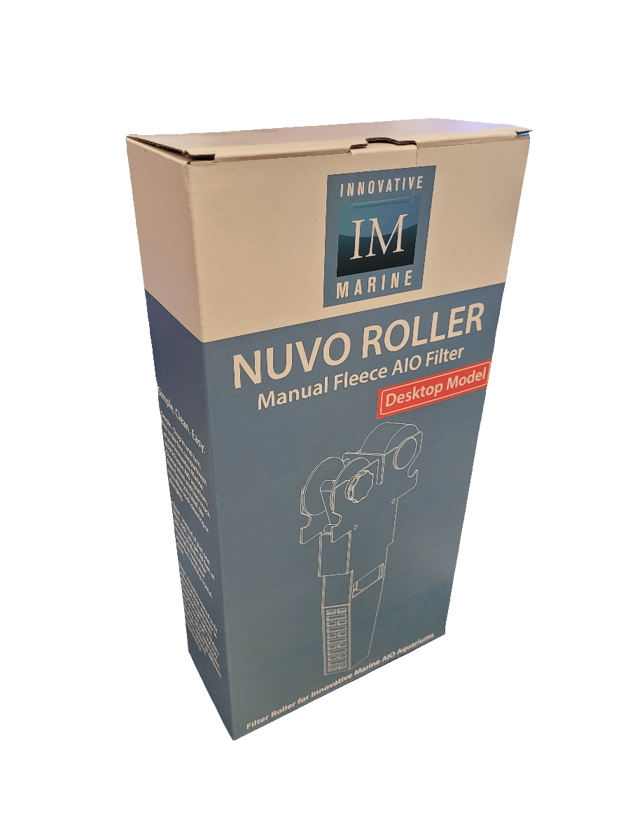 A box featuring shades of blue and beige is labeled as the Innovative Marine - Nuvo Filter Roller (desktop model), with a technical illustration of the filter device displayed prominently on the front.