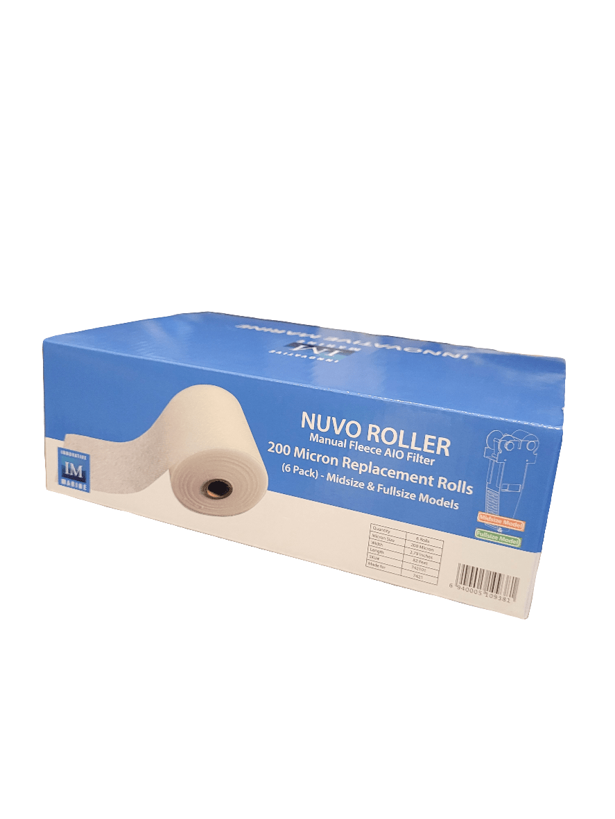 Image of a blue and white box labeled Innovative Marine - Replacement Nuvo Roller - 200 Micron. The box contains six rolls designed for midsize and full-size models, with a small diagram of the product featured on the packaging.