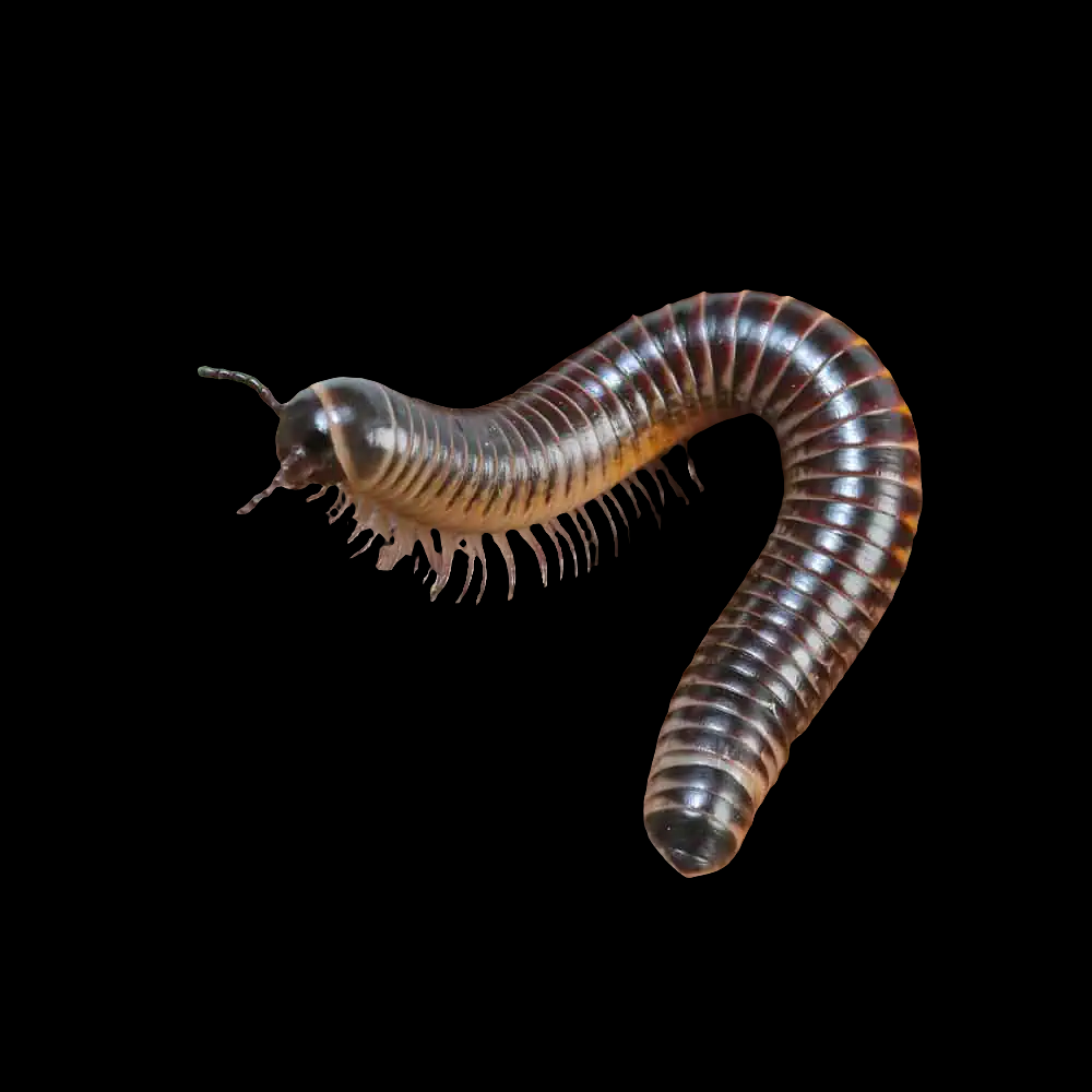 A close-up of an active Ivory Millipede, Chicobolus spinigerus, reveals its dark segmented body and numerous legs against a black background. The curved millipede displays detailed texture and prominent antennae.