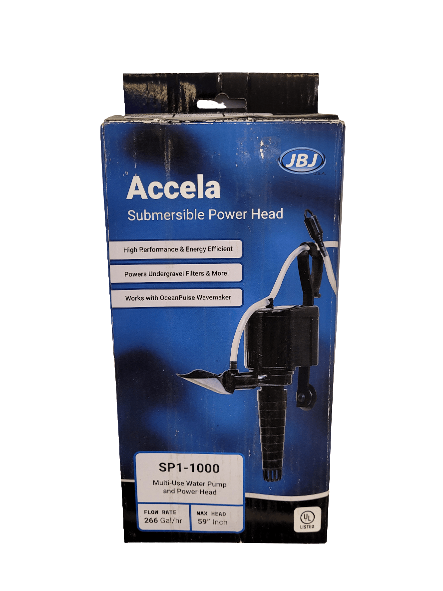 Box of JBJ - Accela SP1-1000 Power Head by JBJ. The descriptions emphasize its energy efficiency, high performance, and compatibility with under-gravel filters. Specifications include a flow rate of 266 gallons per hour and a maximum head of 59 inches.