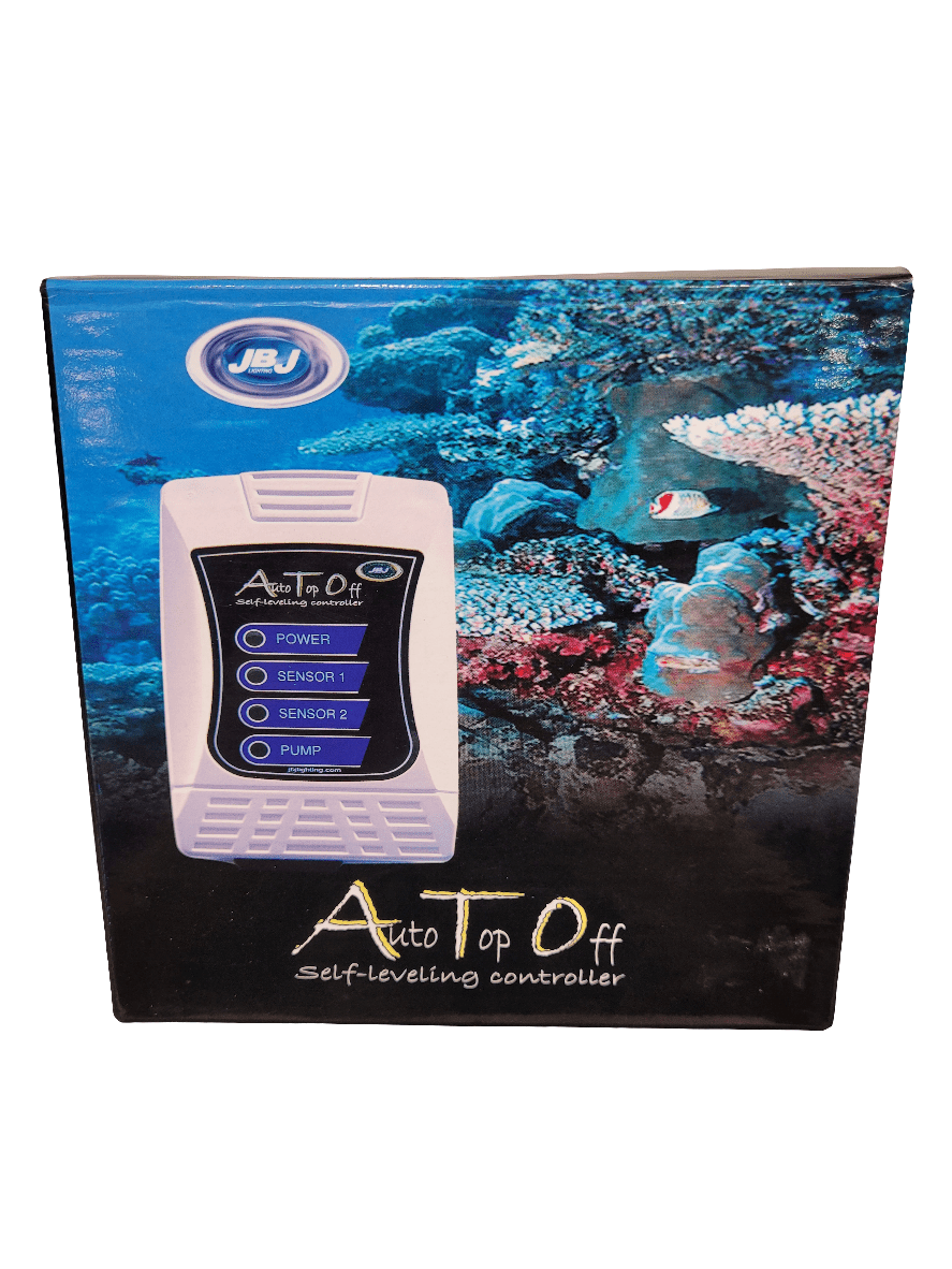 Image of a box displaying the JBJ - Auto Top Off Controller. The packaging showcases a digital control panel with buttons labeled for power, sensor 1, sensor 2, and pump against a vibrant coral reef backdrop.