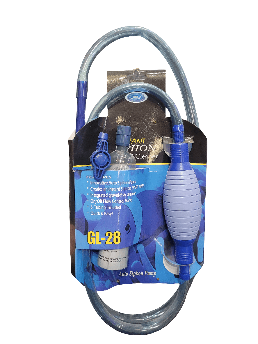 Packaging of the JBJ - Instant Siphon GL-28 Gravel Vacuum, which includes a blue hose and pump. The package emphasizes features such as an integrated shutoff valve and user-friendly operation. The vacuum is designed for cleaning water and sand.