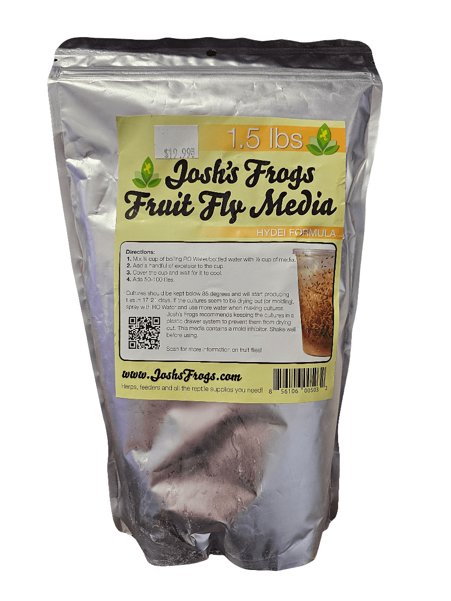 A sealed 1.5 lbs metallic bag of Josh's Frogs - Hydei Fruit Fly Media, ideal for culturing hydei flightless fruit flies, features usage directions and the company website URL on the front. The label is adorned with an image of a cup of dry media and a price sticker reading $19.99.