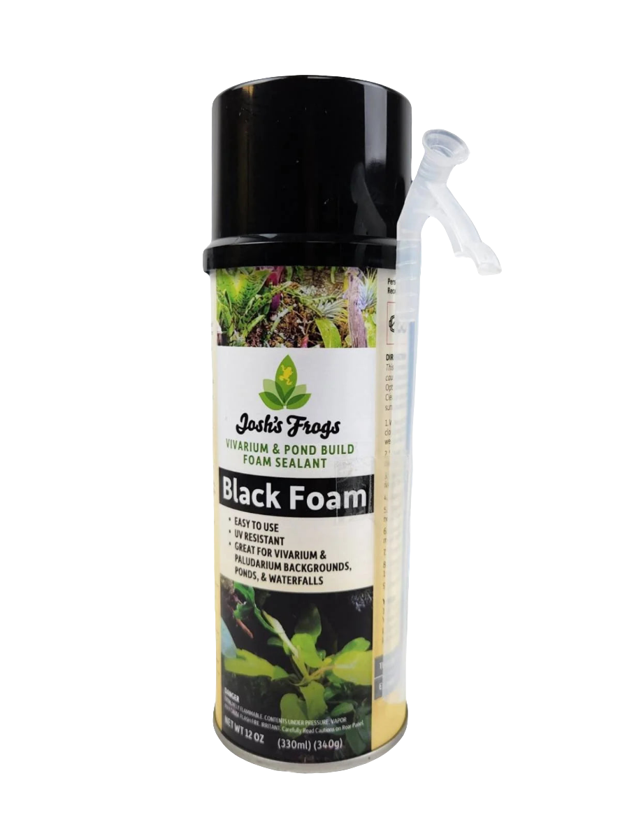 Joshs Frogs Vivarium and Pond Build Sealant is a black foam with an attached nozzle, highlighting features like ease of use, water resistance, vivarium and pond suitability, and UV resistance for durability.