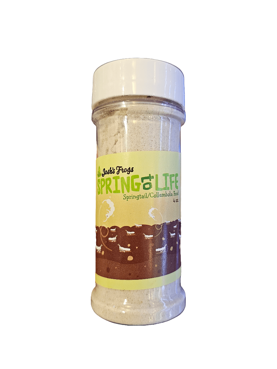 A semi-transparent container with the Joshs Frogs label, "Spring To Life - Springtail Food," which showcases illustrations of soil layers and tiny insects.