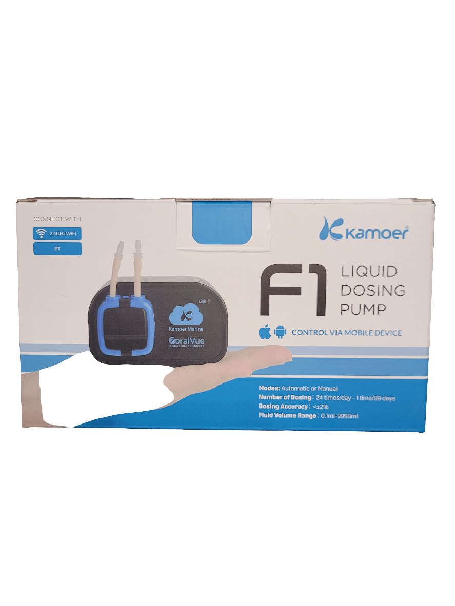 Image of a Kamoer - F1 Dosing Pump box. The packaging displays a picture of the pump along with logos and text highlighting features like mobile device control, automatic or manual operation modes, and specific dosing specifications.