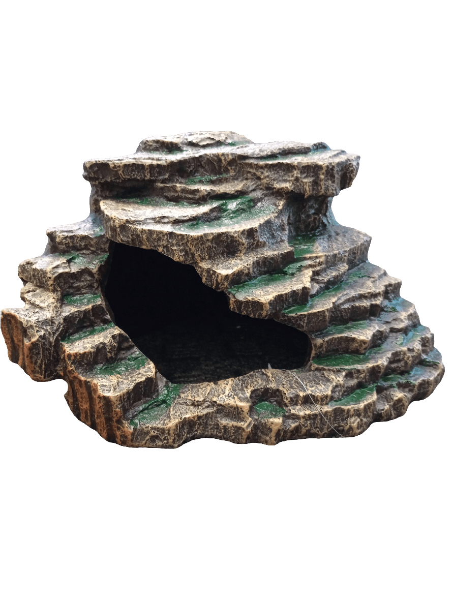 The Komodo Cave Lrg is a decorative stone cave ornament with a layered rock design, showcasing textured brown and green surfaces. Its opening leads into a hollow interior, resembling a natural cave formation.