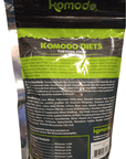 An image of the Komodo Diets Tortoise Food 14oz package. The front label showcases a green and black design that includes information on feeding directions, guaranteed analysis, and ingredients, with the brand name Komodo prominently displayed at the top.