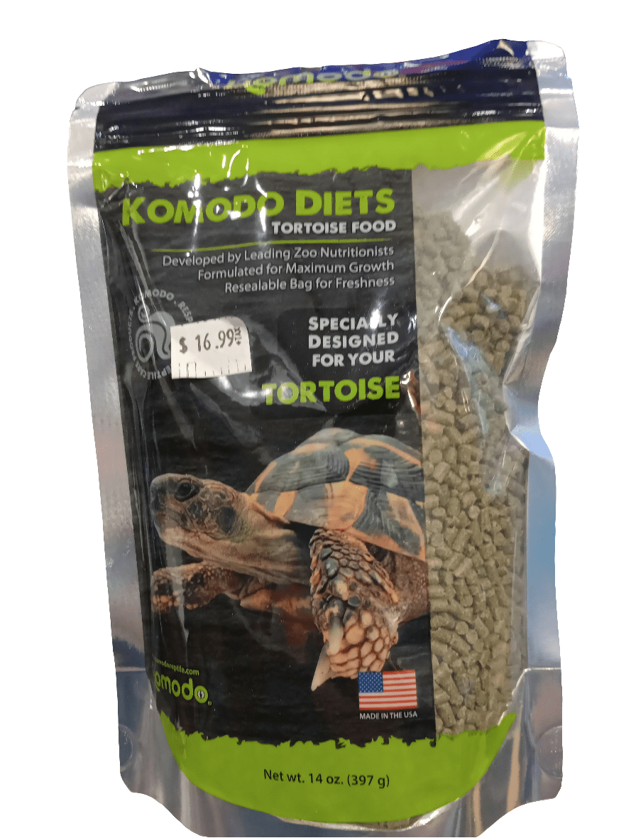 The Komodo Diets Tortoise Food 14oz package is displayed, featuring a tortoise image and pellet-shaped food. It is priced at $16.99 and comes in a resealable bag to maintain freshness.